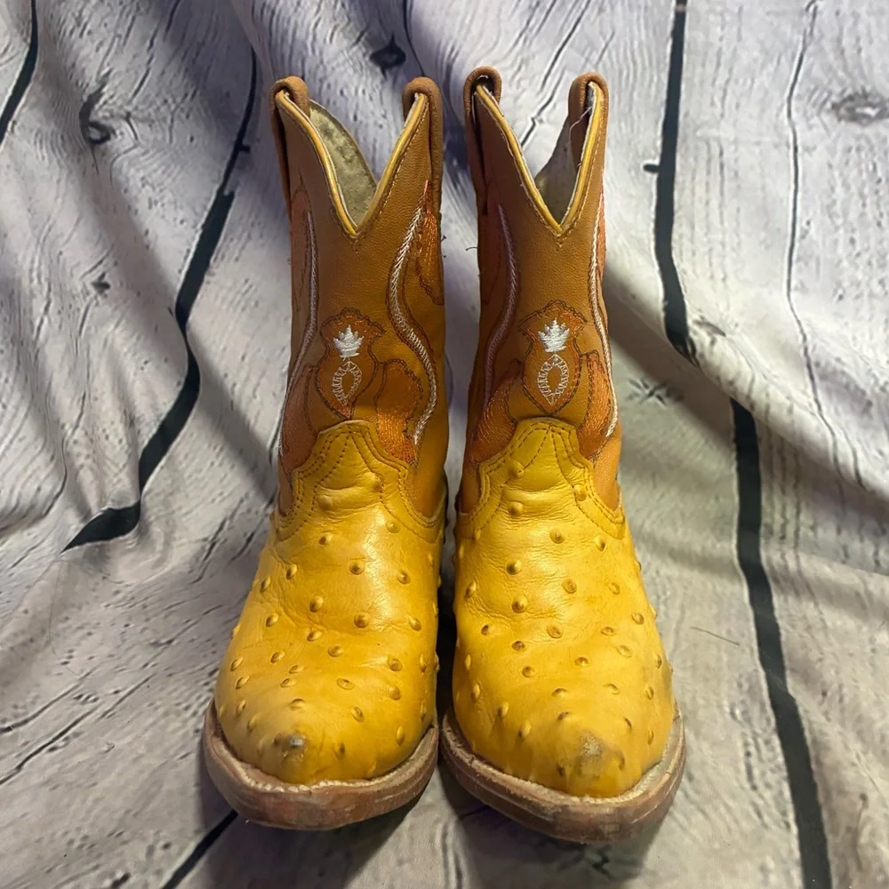 montenegro kids western ostrich print boots made in mexico yellow gold sz 6-6.5?